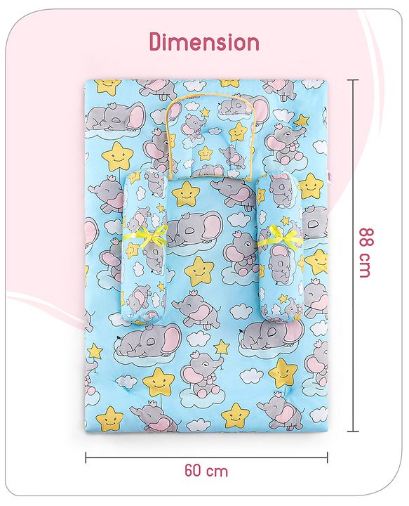 Babyhug Cotton Elephant Print Bedding Set Pack of 4 - Blue