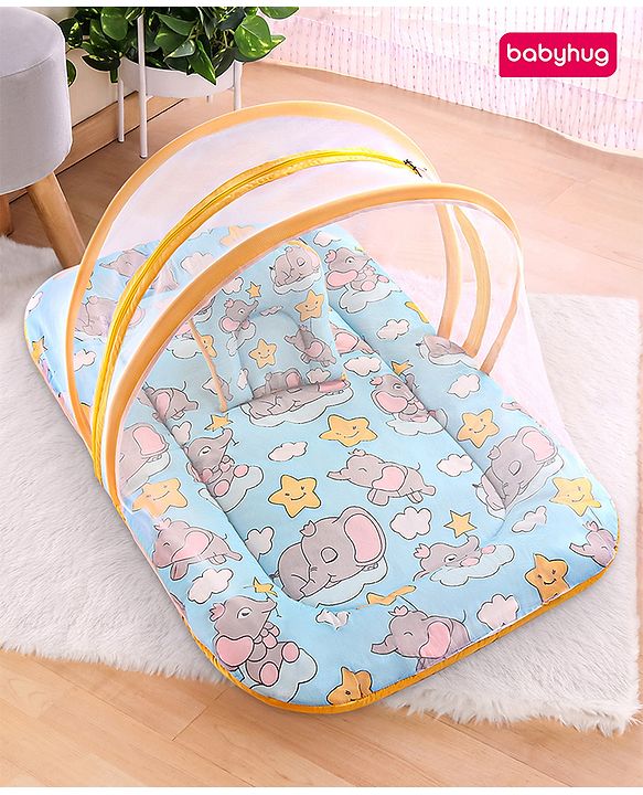 Babyhug Cotton Mattress Set with Mosquito Net Fox Print- Pista Green