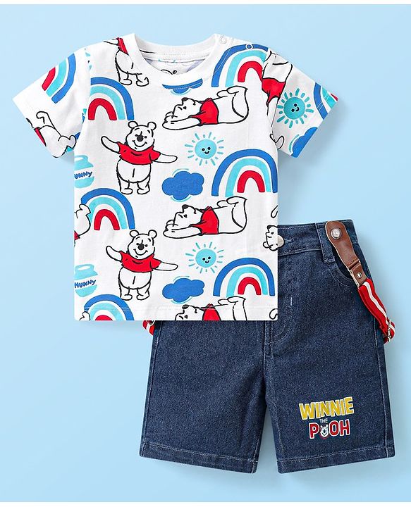 Babyhug Disney Cotton Woven Half Sleeves T-Shirt & Denim Shorts Set With Suspender Winnie The Pooh Print  White & Blue