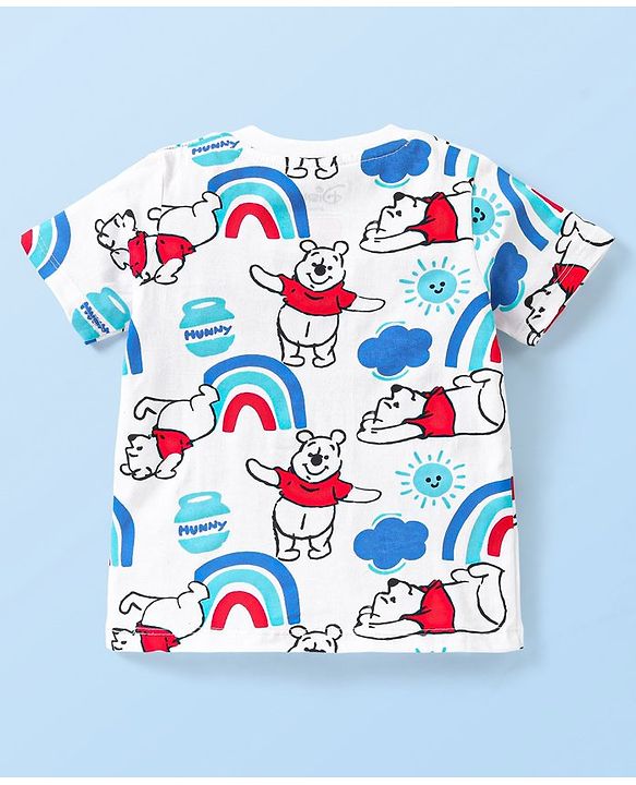 Babyhug Disney Cotton Woven Half Sleeves T-Shirt & Denim Shorts Set With Suspender Winnie The Pooh Print  White & Blue
