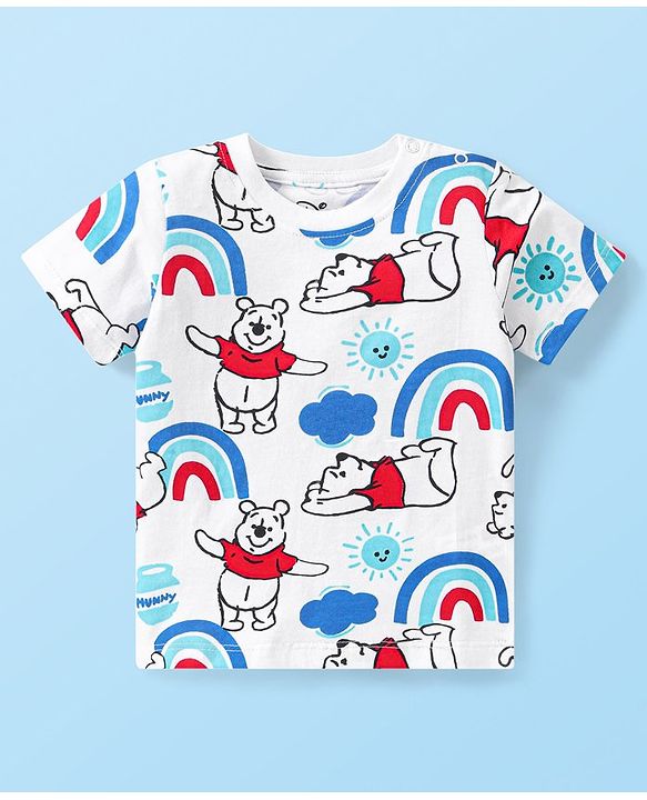 Babyhug Disney Cotton Woven Half Sleeves T-Shirt & Denim Shorts Set With Suspender Winnie The Pooh Print  White & Blue