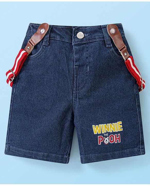 Babyhug Disney Cotton Woven Half Sleeves T-Shirt & Denim Shorts Set With Suspender Winnie The Pooh Print  White & Blue