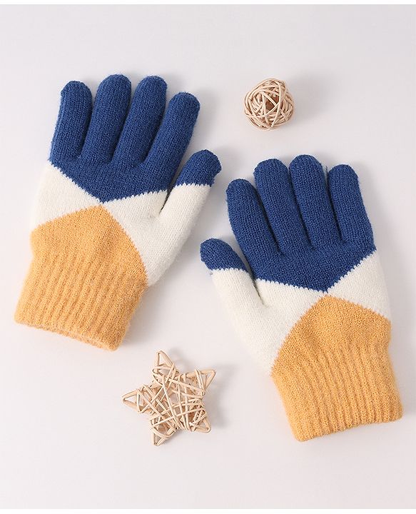 Pine Kids Woollen Gloves With Colour Block Design - Navy Blue & Yellow