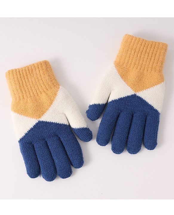 Pine Kids Woollen Gloves With Colour Block Design - Navy Blue & Yellow