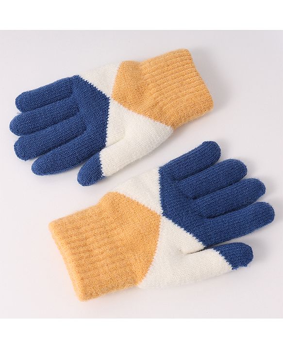 Pine Kids Woollen Gloves With Colour Block Design - Navy Blue & Yellow