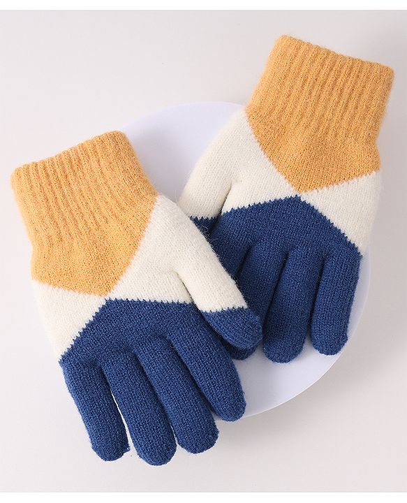 Pine Kids Woollen Gloves With Colour Block Design - Navy Blue & Yellow
