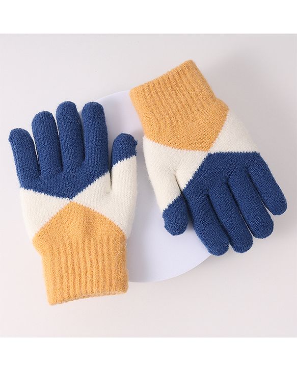 Pine Kids Woollen Gloves With Colour Block Design - Navy Blue & Yellow