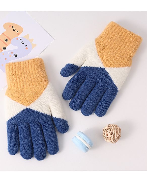 Pine Kids Woollen Gloves With Colour Block Design - Navy Blue & Yellow