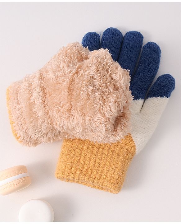 Pine Kids Woollen Gloves With Colour Block Design - Navy Blue & Yellow