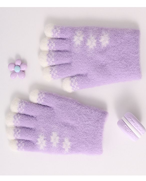 Babyhug Woollen Gloves with Floral Design - Lavender