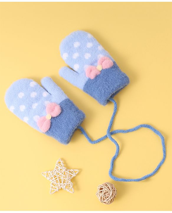 Babyhug Woollen Gloves with Heart Design & Bow Applique - Blue