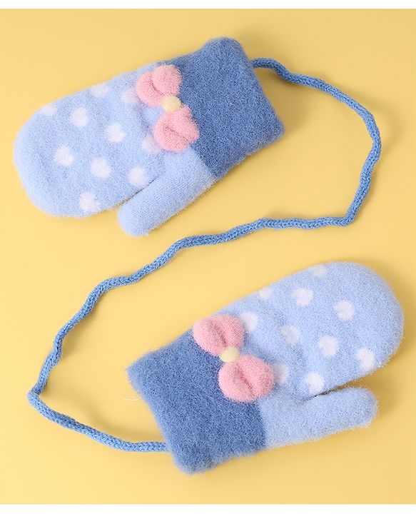 Babyhug Woollen Gloves with Heart Design & Bow Applique - Blue