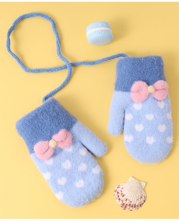 Babyhug Woollen Gloves with Heart Design & Bow Applique - Blue