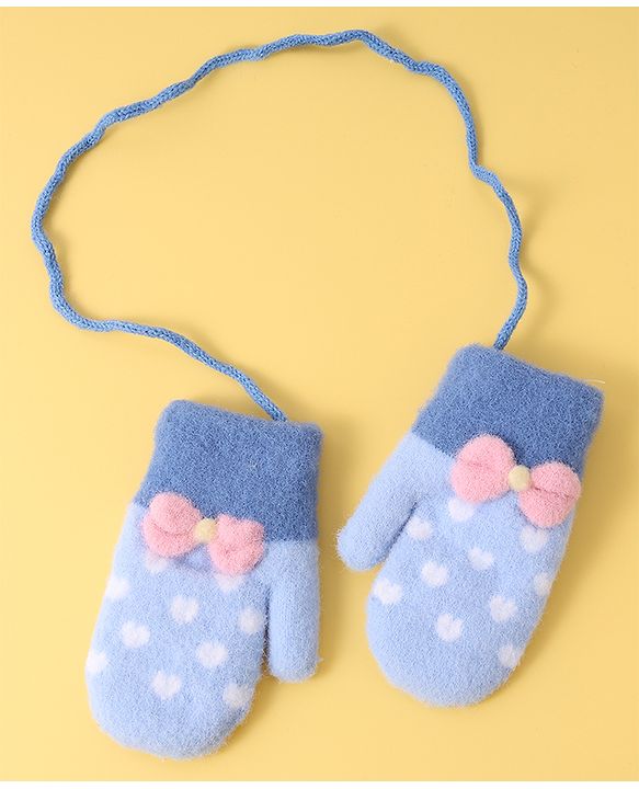 Babyhug Woollen Gloves with Heart Design & Bow Applique - Blue