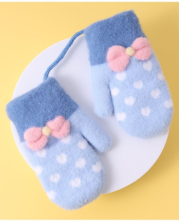 Babyhug Woollen Gloves with Heart Design & Bow Applique - Blue