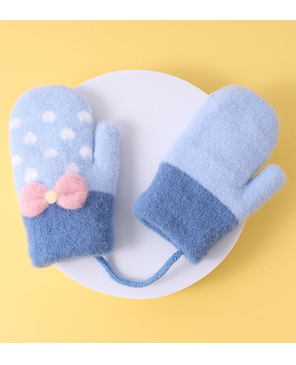 Babyhug Woollen Gloves with Heart Design & Bow Applique - Blue
