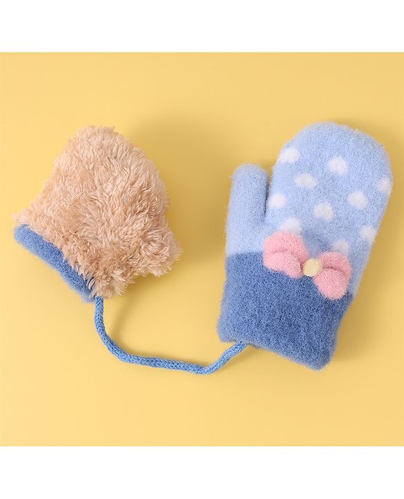 Babyhug Woollen Gloves with Heart Design & Bow Applique - Blue