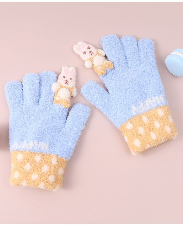 Babyhug Woollen Gloves with Bunny & Polka Dots Design -  Blue