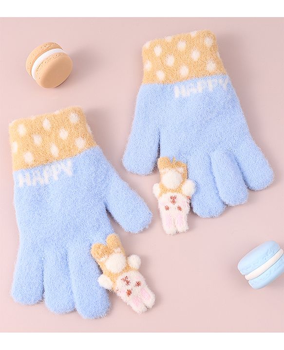Babyhug Woollen Gloves with Bunny & Polka Dots Design -  Blue