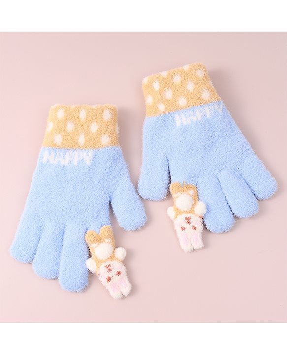 Babyhug Woollen Gloves with Bunny & Polka Dots Design -  Blue