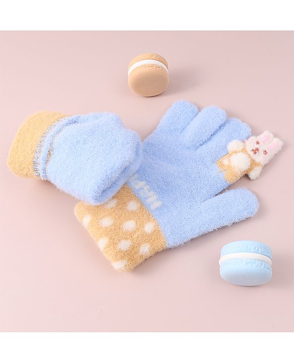 Babyhug Woollen Gloves with Bunny & Polka Dots Design -  Blue