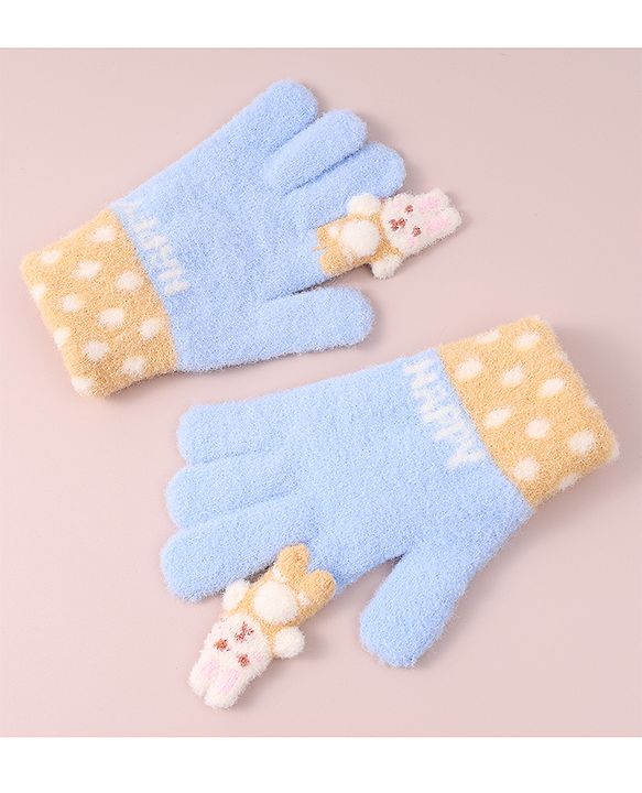 Babyhug Woollen Gloves with Bunny & Polka Dots Design -  Blue