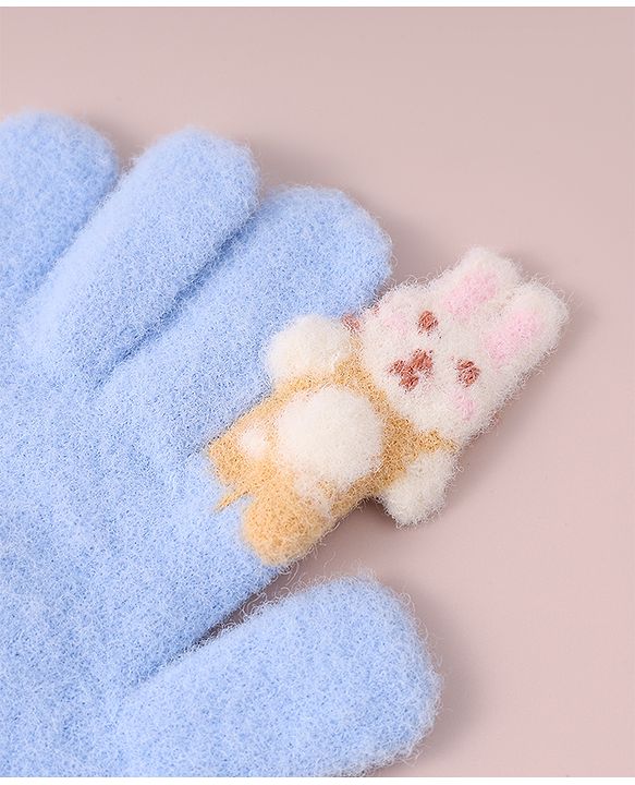 Babyhug Woollen Gloves with Bunny & Polka Dots Design -  Blue
