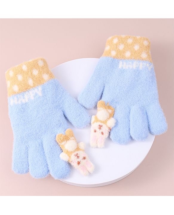 Babyhug Woollen Gloves with Bunny & Polka Dots Design -  Blue