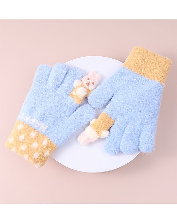Babyhug Woollen Gloves with Bunny & Polka Dots Design -  Blue