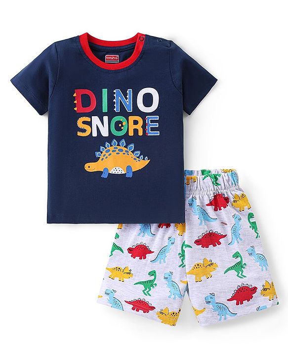 Babyhug Cotton Knit Half Sleeves Night Suit With Dino Print - Navy & White
