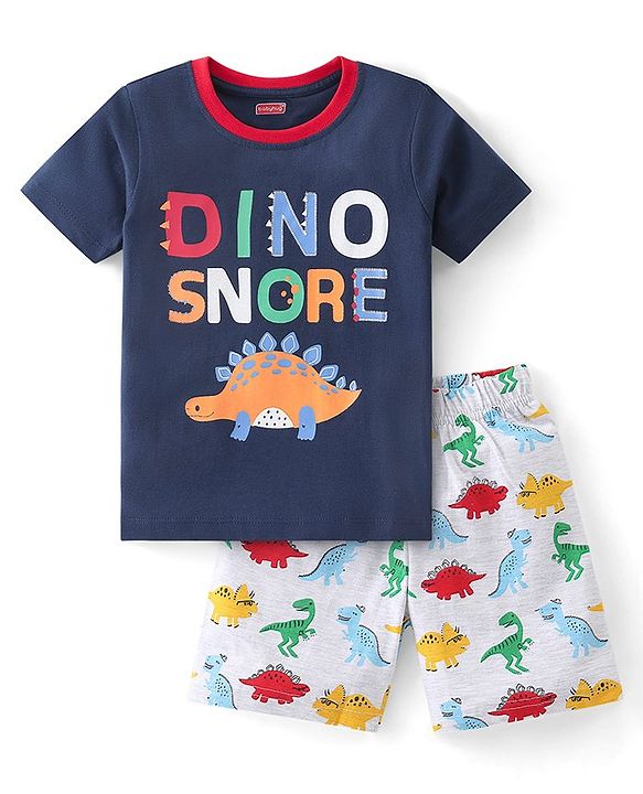 Babyhug Cotton Knit Half Sleeves Night Suit With Dino Print - Navy & White
