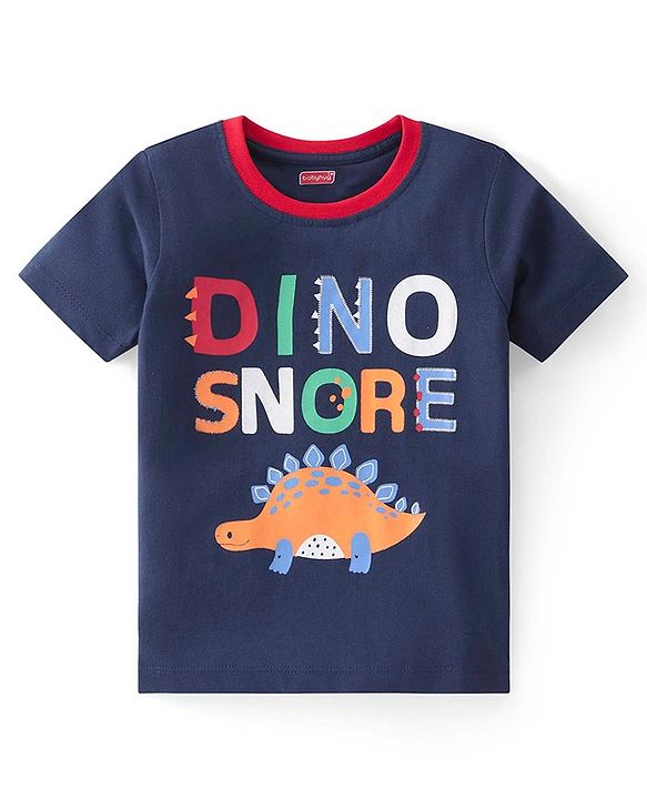 Babyhug Cotton Knit Half Sleeves Night Suit With Dino Print - Navy & White