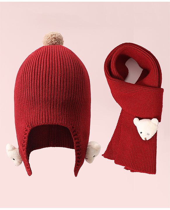 Babyhug Woollen Cap & Muffler Set with Bear Applique - Maroon