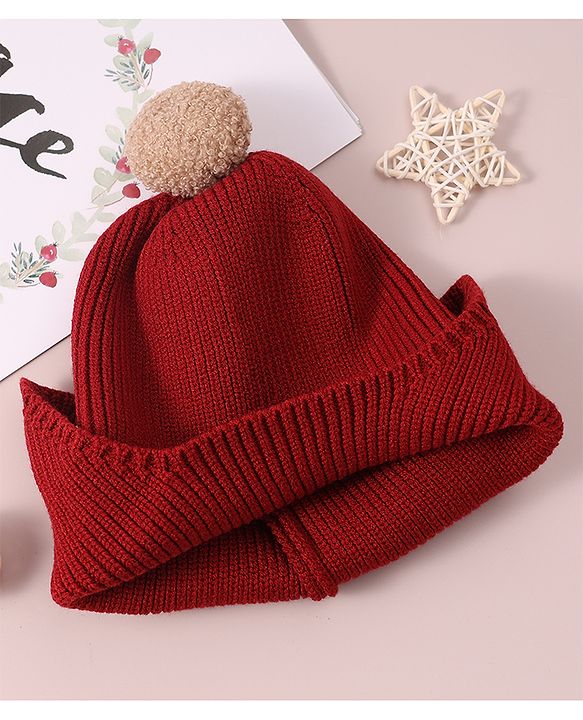 Babyhug Woollen Cap & Muffler Set with Bear Applique - Maroon