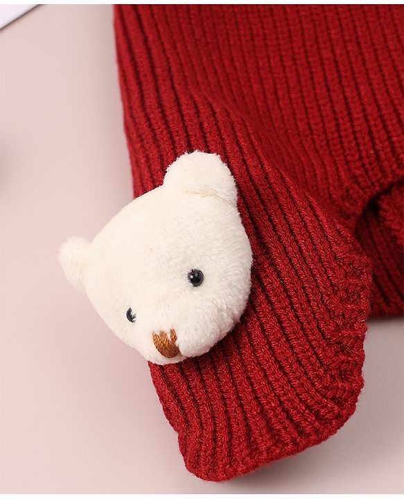 Babyhug Woollen Cap & Muffler Set with Bear Applique - Maroon