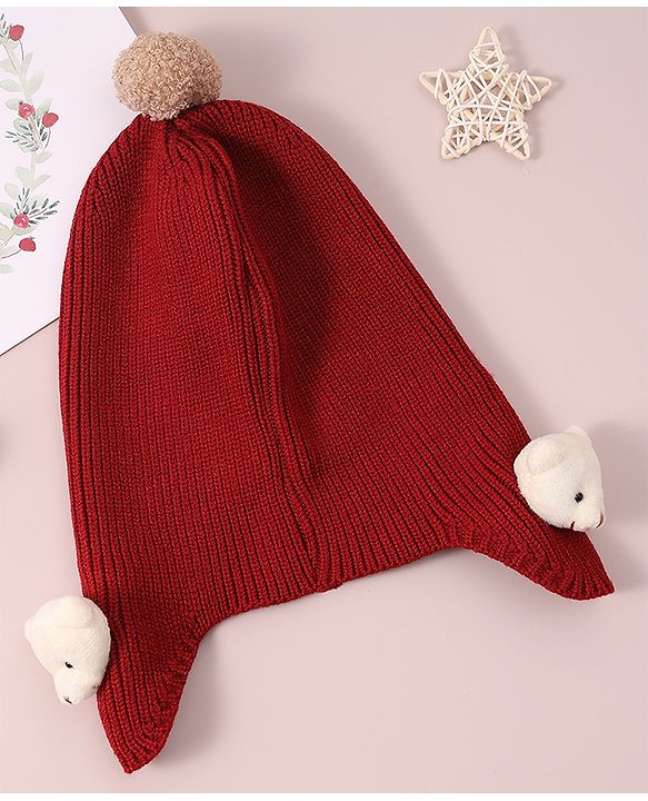 Babyhug Woollen Cap & Muffler Set with Bear Applique - Maroon