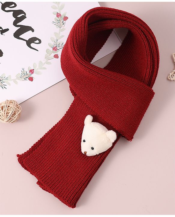 Babyhug Woollen Cap & Muffler Set with Bear Applique - Maroon