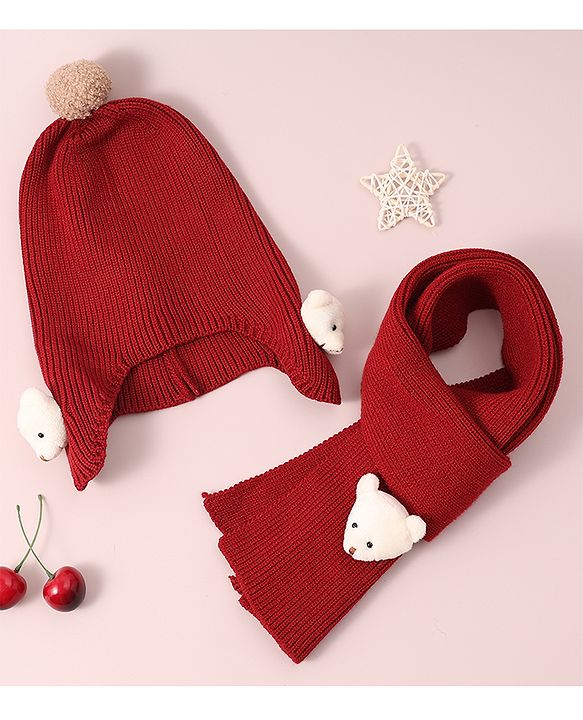 Babyhug Woollen Cap & Muffler Set with Bear Applique - Maroon
