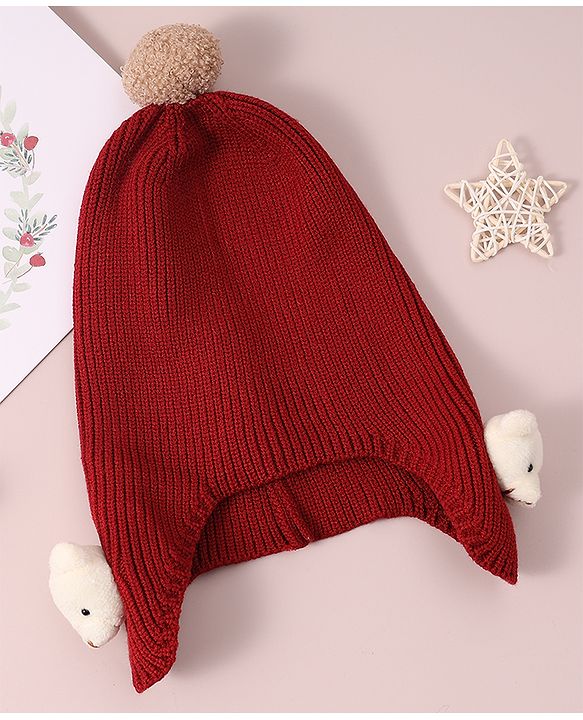 Babyhug Woollen Cap & Muffler Set with Bear Applique - Maroon