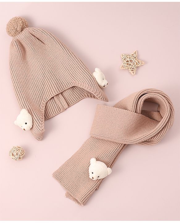 Babyhug Woollen Cap & Muffler Set with Bear Applique - Maroon