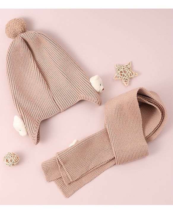 Babyhug Woollen Cap & Muffler Set with Bear Applique - Maroon
