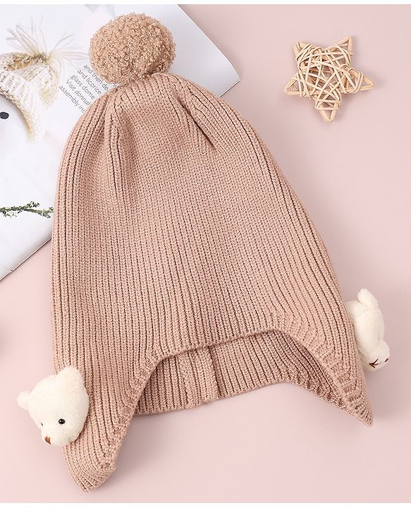Babyhug Woollen Cap & Muffler Set with Bear Applique - Maroon