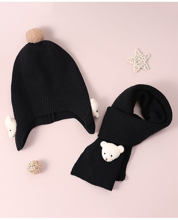 Babyhug Woollen Cap & Muffler Set with Bear Applique - Maroon