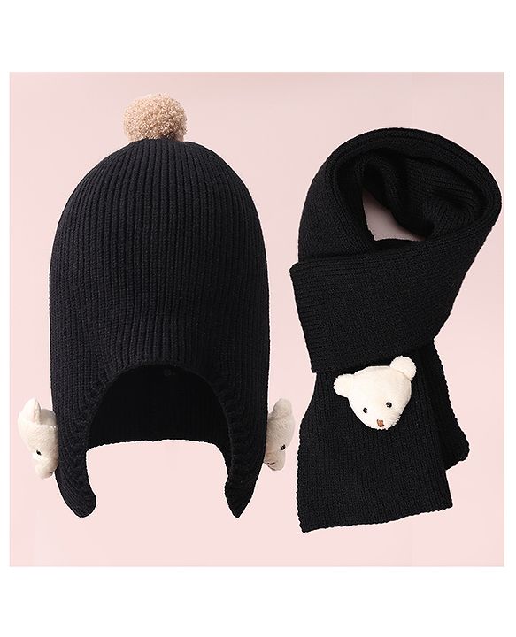 Babyhug Woollen Cap & Muffler Set with Bear Applique - Maroon