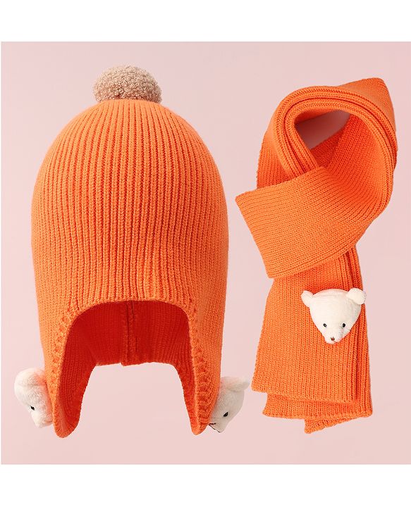 Babyhug Woollen Cap & Muffler Set with Bear Applique - Maroon