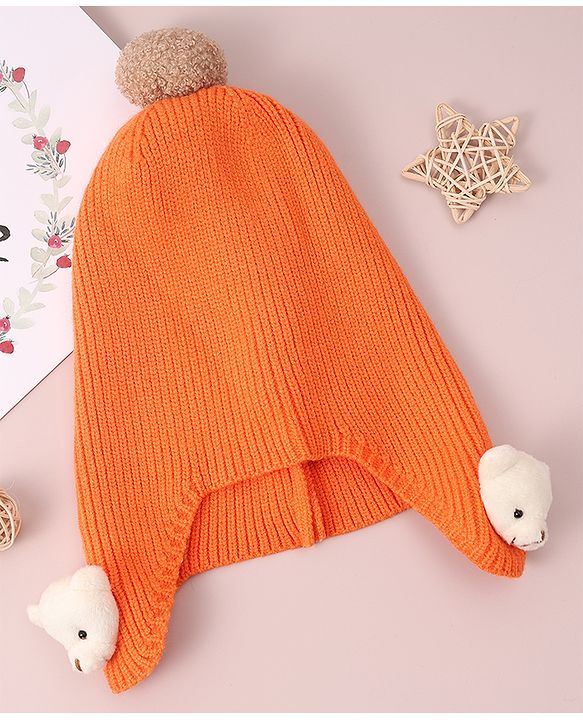 Babyhug Woollen Cap & Muffler Set with Bear Applique - Maroon