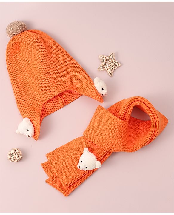 Babyhug Woollen Cap & Muffler Set with Bear Applique - Maroon