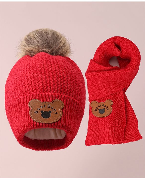 Babyhug Woollen Cap & Scarf with Bear Patch & Pom Pom - Red