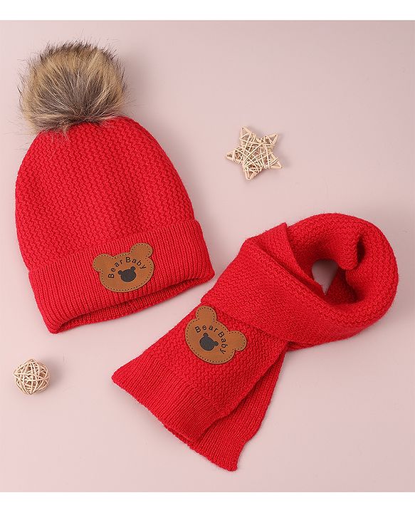 Babyhug Woollen Cap & Scarf with Bear Patch & Pom Pom - Red