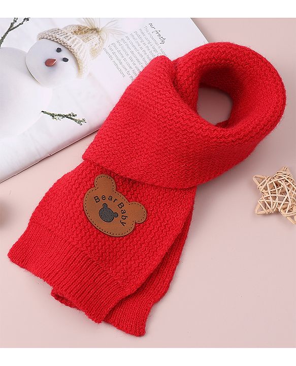Babyhug Woollen Cap & Scarf with Bear Patch & Pom Pom - Red